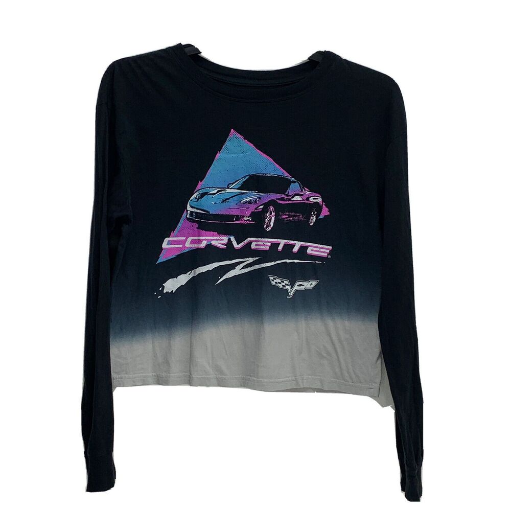 GM Corvette Cropped Top T-Shirt ~ Sz M ~ Long Sleeve ~ Black Ombré  ~ Corvette